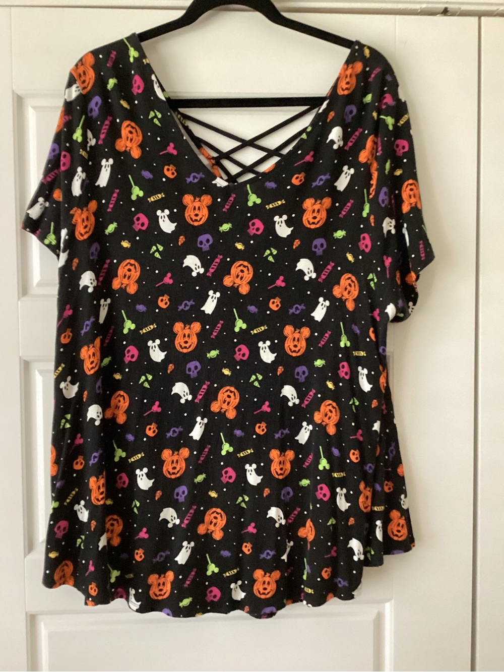 Disney Black Halloween Crisscross V-Neck Top with Orange Pumpkin Print